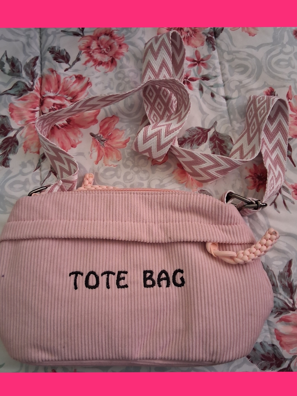 Pink Corduroy Tote Bag with Chevron Strap